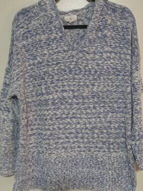 Lou & Grey Women’s Blue White Marled Hooded Sweater Pullover XXL Cozy Knit